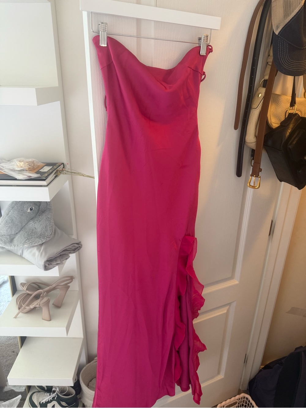 Beginning Boutique Strapless Ruffle Column Dress in Hot Pink